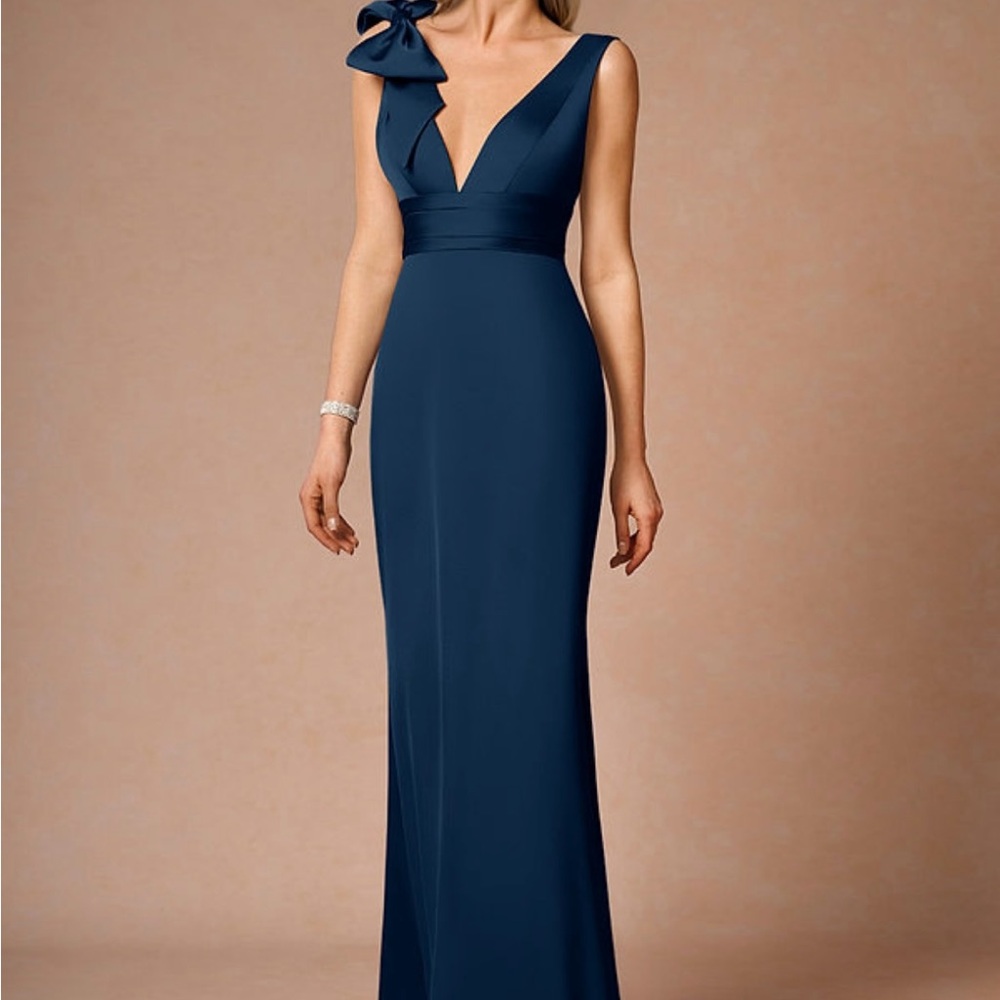 Azazie Navy One-Shoulder V-Neck Maxi Dress with Bow